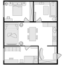 Grundriss einer Wohnung mit Wohnbereich, Küche, Schlafzimmern und Bad