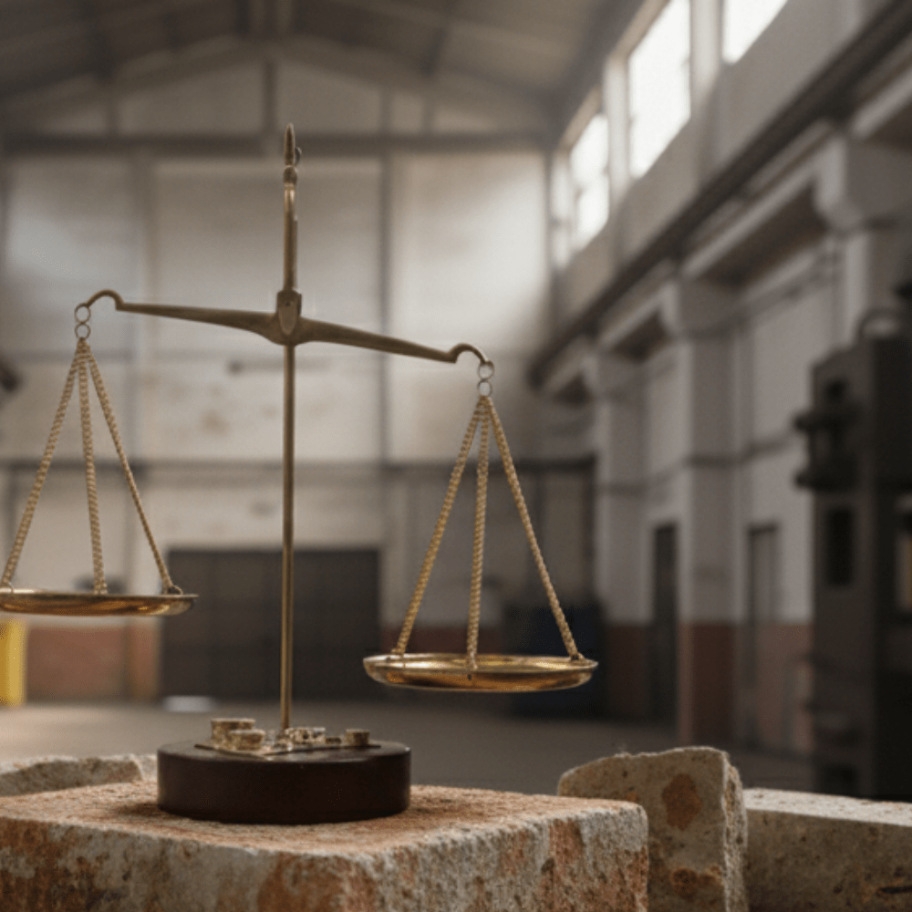 Goldene Justitia-Waage in Industriehalle als Sinnbild für Baurecht Bremen